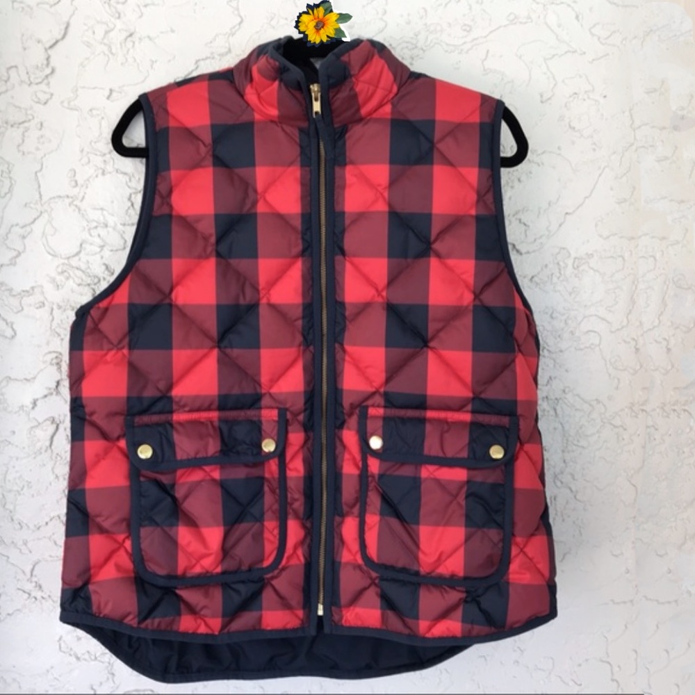 J.Crew Excursion Navy Blue & Red Buffalo Plaid Quilted Puffer Vest, Sz L, NWOT
